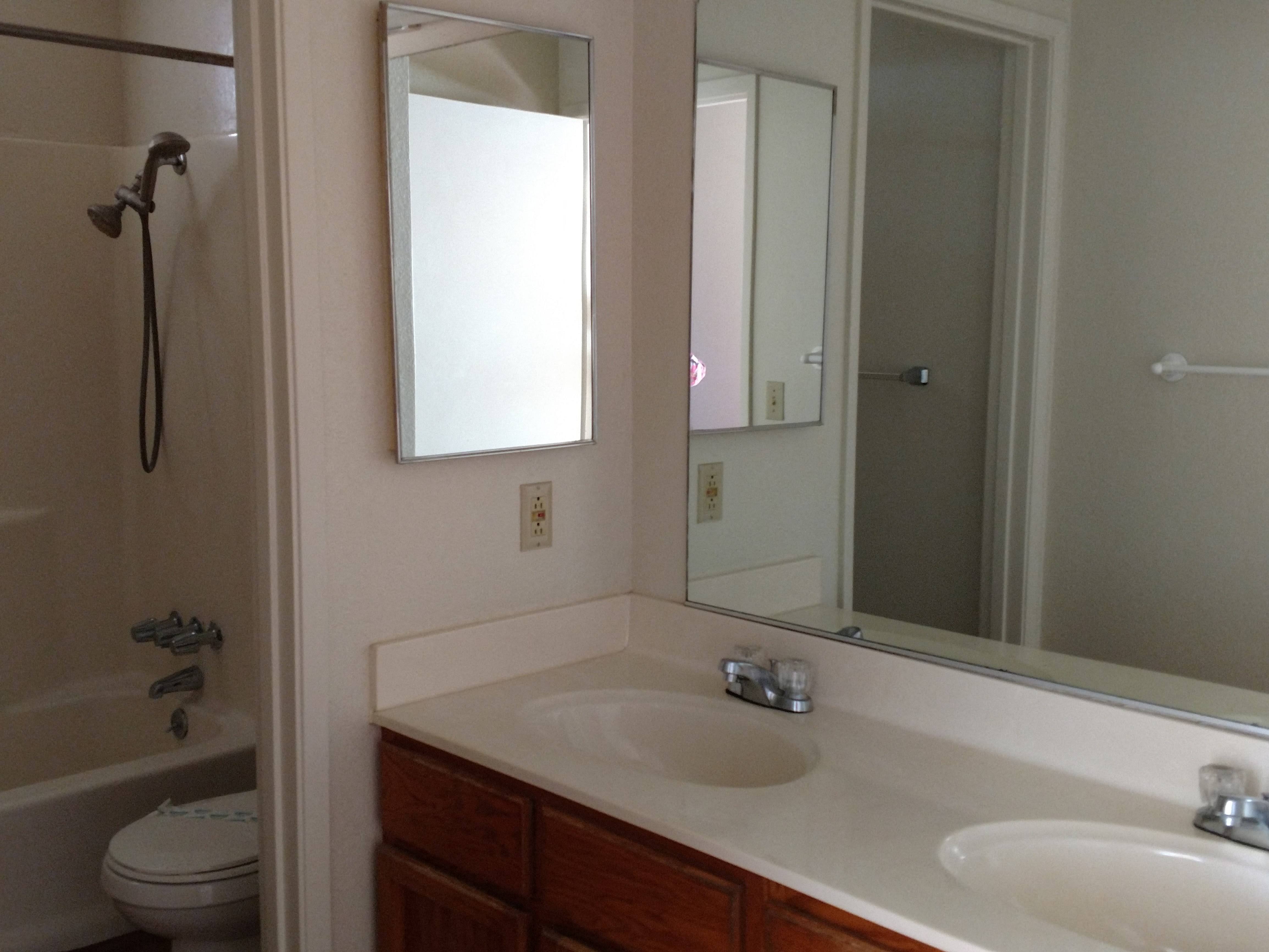 a bathroom with two sinks and a shower and a mirror
